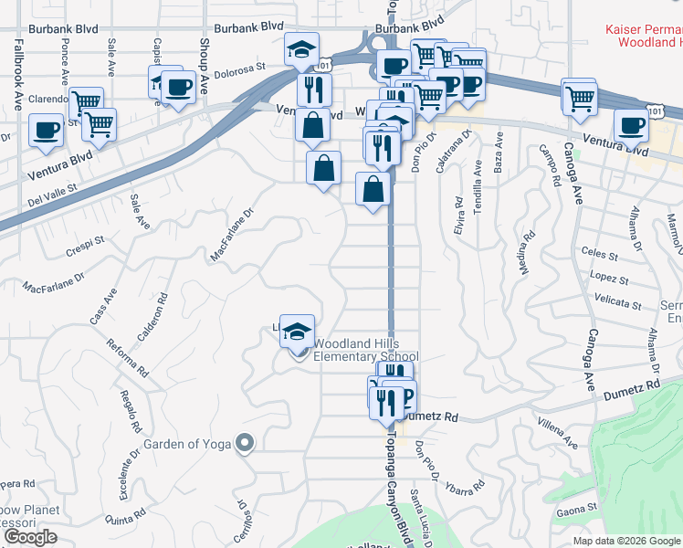 map of restaurants, bars, coffee shops, grocery stores, and more near 22066 Martinez Street in Los Angeles