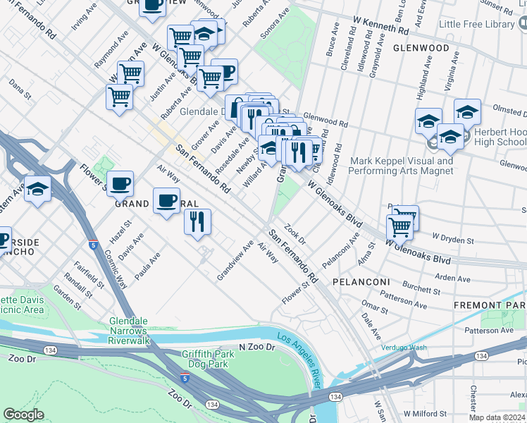 map of restaurants, bars, coffee shops, grocery stores, and more near 6100 San Fernando Road in Glendale