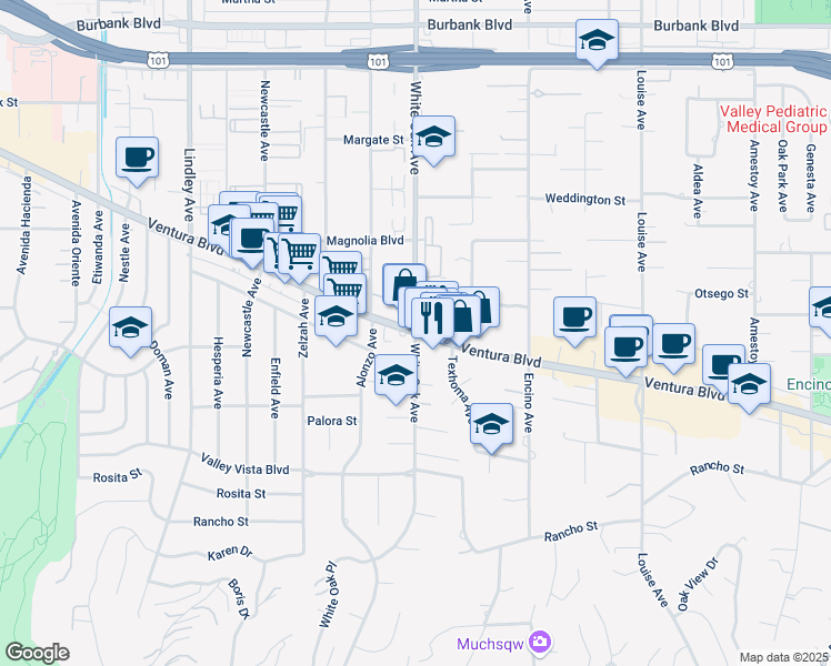 map of restaurants, bars, coffee shops, grocery stores, and more near Ventura Blvd & White Oak Ave in Los Angeles