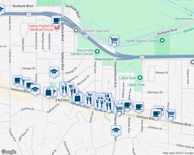 map of restaurants, bars, coffee shops, grocery stores, and more near 5038 Petit Avenue in Los Angeles