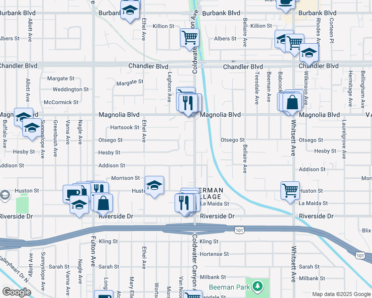 map of restaurants, bars, coffee shops, grocery stores, and more near 5035 Coldwater Canyon Avenue in Los Angeles