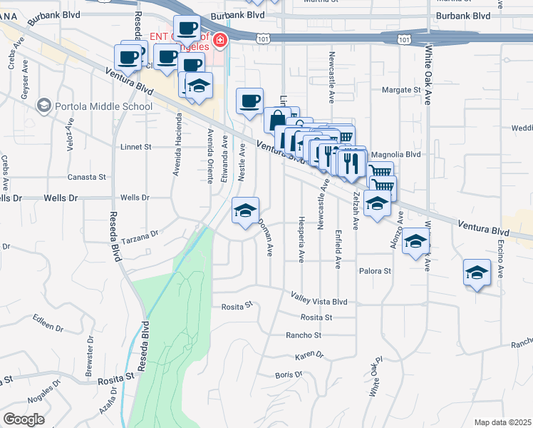 map of restaurants, bars, coffee shops, grocery stores, and more near 5072 Chimineas Avenue in Los Angeles