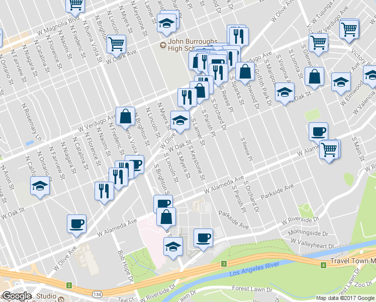 map of restaurants, bars, coffee shops, grocery stores, and more near 211 South Keystone Street in Burbank