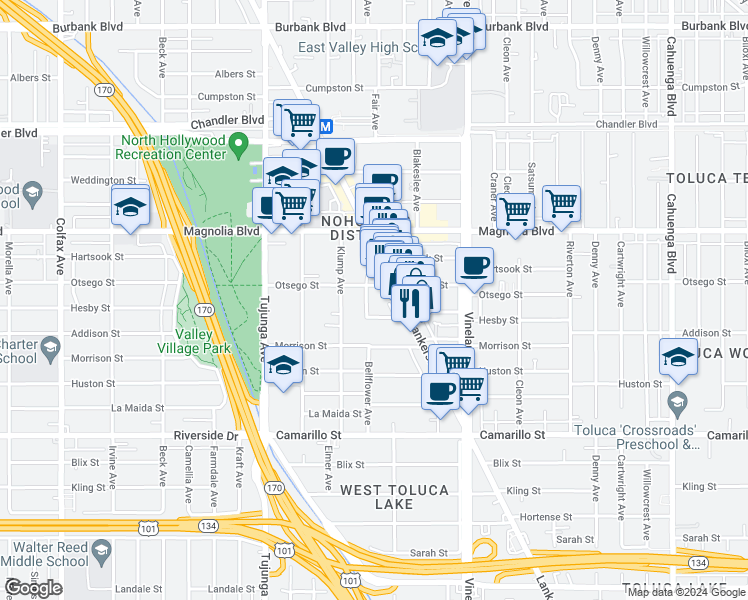map of restaurants, bars, coffee shops, grocery stores, and more near 5056 Fair Avenue in Los Angeles