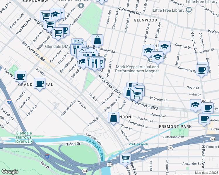 map of restaurants, bars, coffee shops, grocery stores, and more near 986 West Glenoaks Boulevard in Glendale