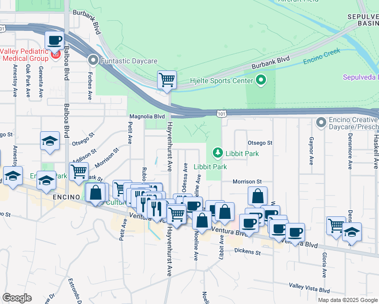 map of restaurants, bars, coffee shops, grocery stores, and more near 5040 Odessa Avenue in Los Angeles