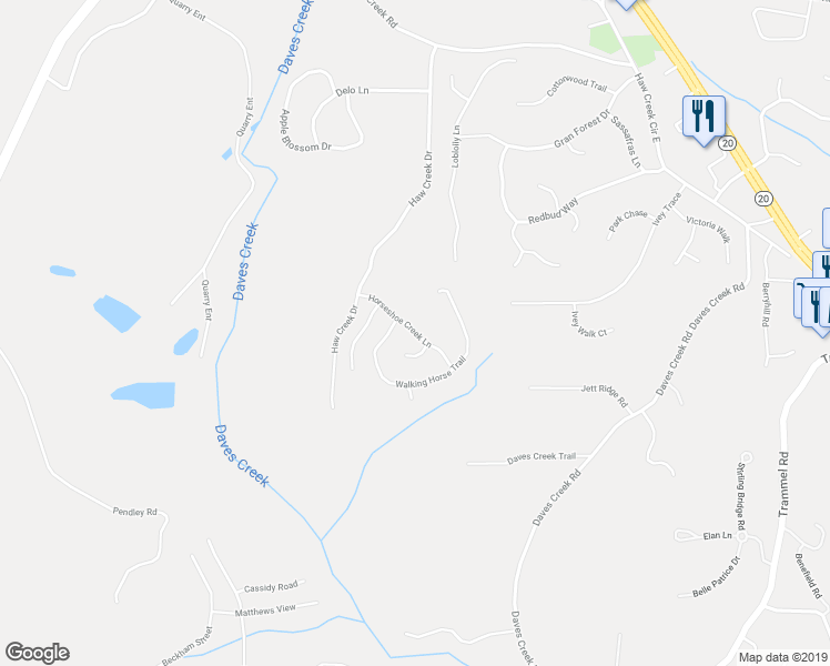 map of restaurants, bars, coffee shops, grocery stores, and more near 1560 Horseshoe Creek Lane in Cumming