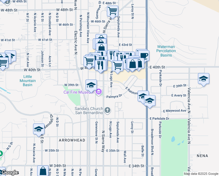 map of restaurants, bars, coffee shops, grocery stores, and more near 3908 North Lugo Avenue in San Bernardino