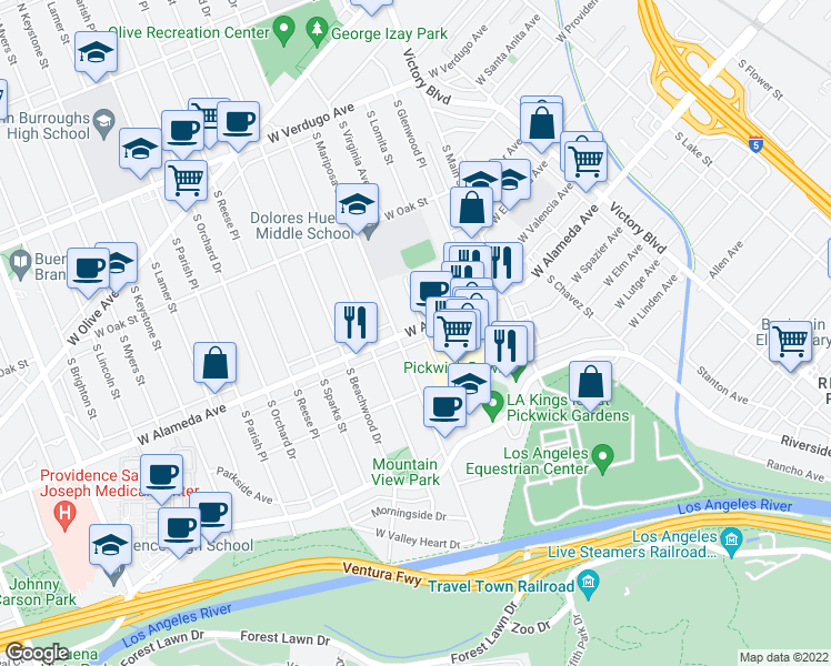 map of restaurants, bars, coffee shops, grocery stores, and more near 1204 West Alameda Avenue in Burbank