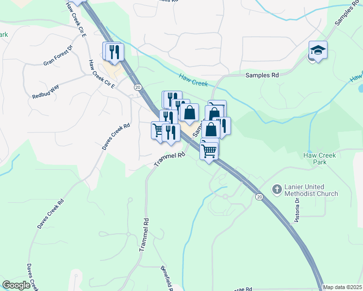 map of restaurants, bars, coffee shops, grocery stores, and more near 1701 Trammel Road in Cumming