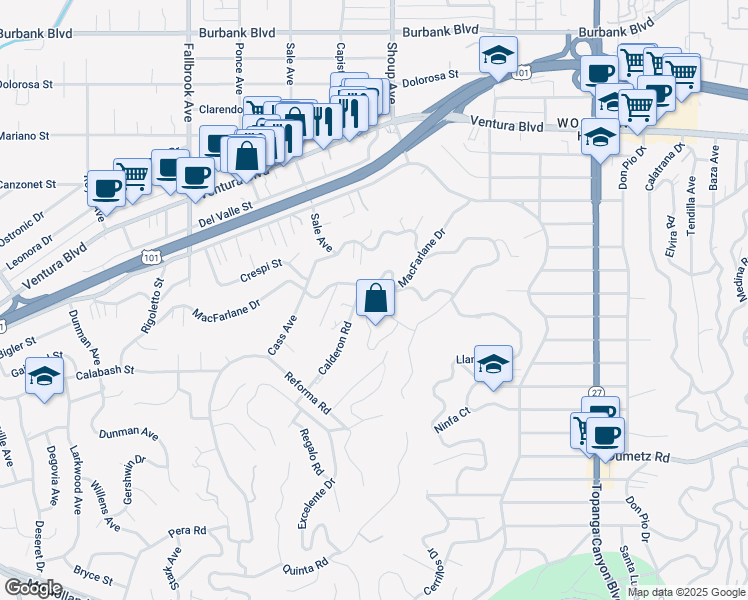 map of restaurants, bars, coffee shops, grocery stores, and more near 22463 Venido Road in Los Angeles