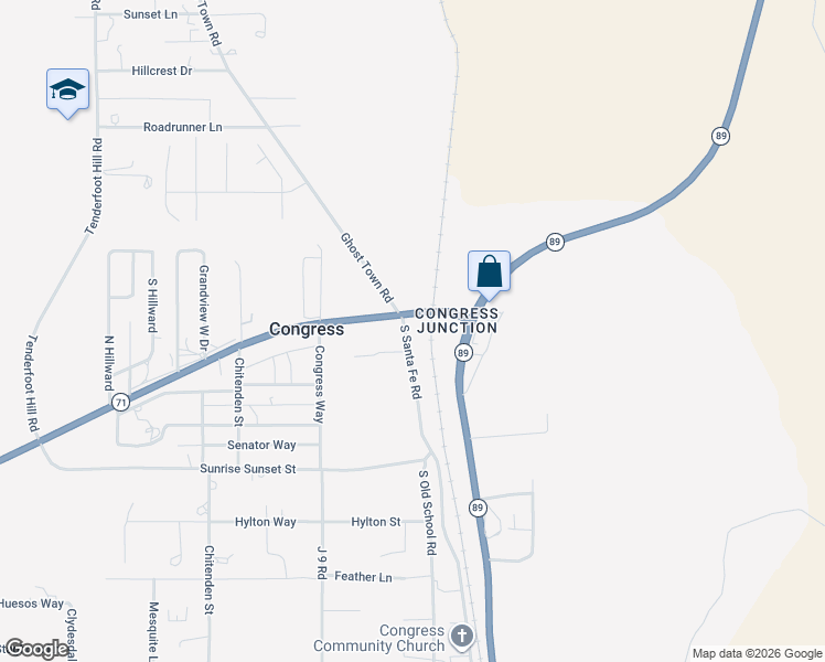 map of restaurants, bars, coffee shops, grocery stores, and more near 26733 South Santa Fe Road in Congress