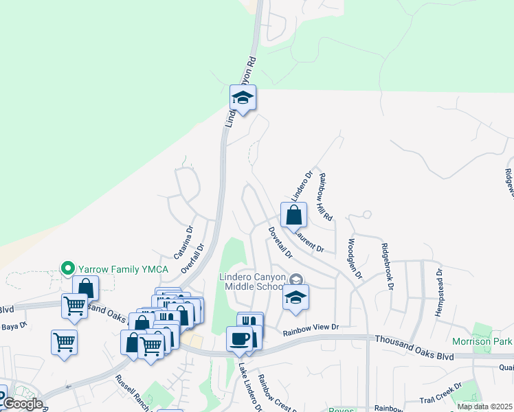 map of restaurants, bars, coffee shops, grocery stores, and more near 6027 Dovetail Drive in Agoura Hills