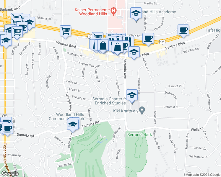 map of restaurants, bars, coffee shops, grocery stores, and more near 5040 Marmol Drive in Los Angeles