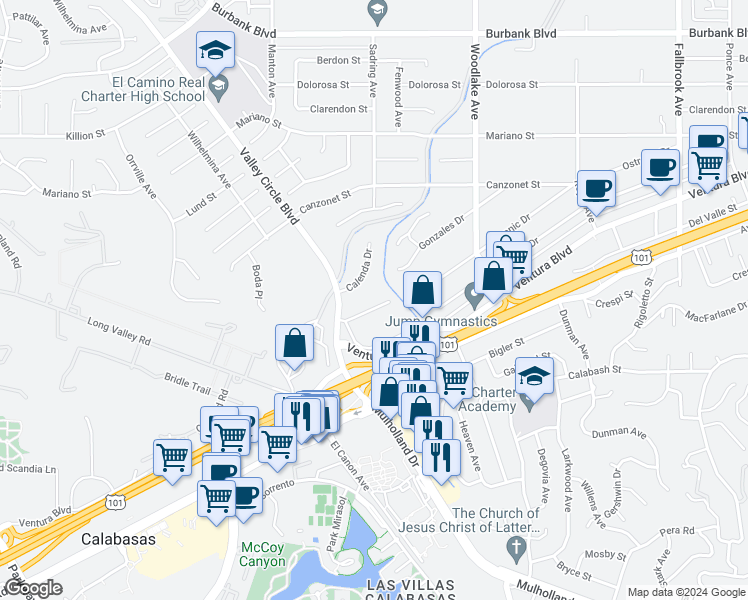 map of restaurants, bars, coffee shops, grocery stores, and more near 23361 Ostronic Drive in Los Angeles