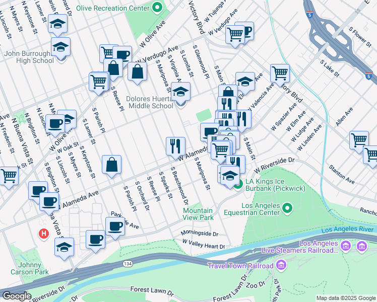 map of restaurants, bars, coffee shops, grocery stores, and more near 536 South Griffith Park Drive in Burbank