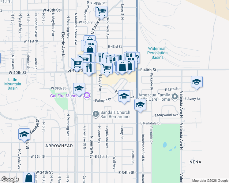 map of restaurants, bars, coffee shops, grocery stores, and more near 187 East Ralston Avenue in San Bernardino