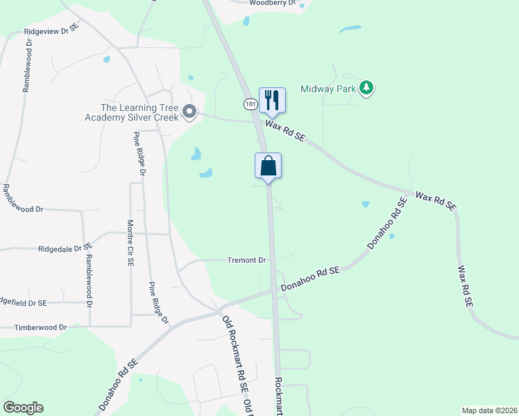 map of restaurants, bars, coffee shops, grocery stores, and more near 4622 Rockmart Road Southeast in Silver Creek
