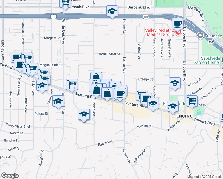 map of restaurants, bars, coffee shops, grocery stores, and more near 5047 Andasol Avenue in Los Angeles