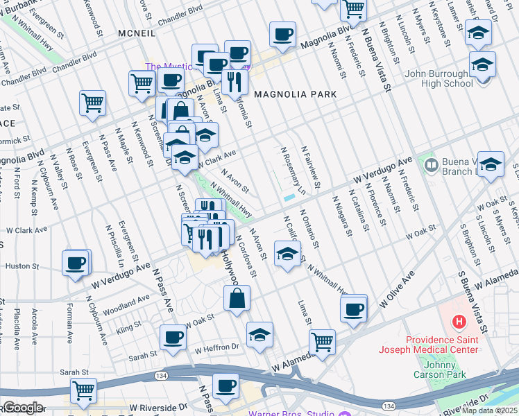 map of restaurants, bars, coffee shops, grocery stores, and more near 615 North Lima Street in Burbank