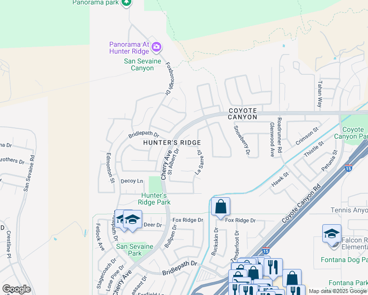 map of restaurants, bars, coffee shops, grocery stores, and more near 14891 Southend Street in Fontana