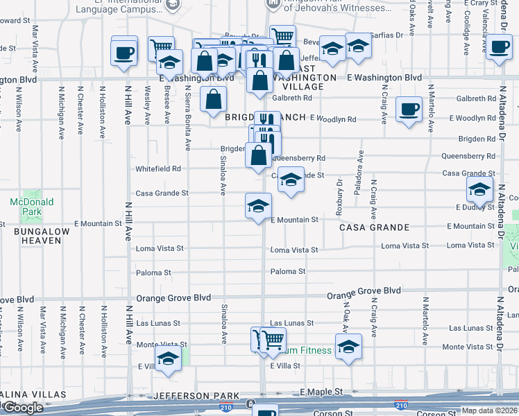 map of restaurants, bars, coffee shops, grocery stores, and more near 951 Allen Avenue in Pasadena