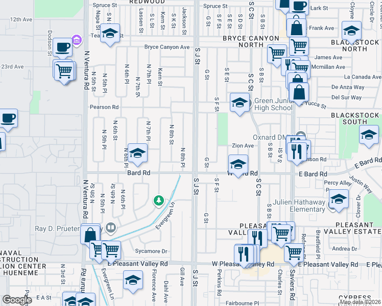 map of restaurants, bars, coffee shops, grocery stores, and more near 4105 South J Street in Oxnard