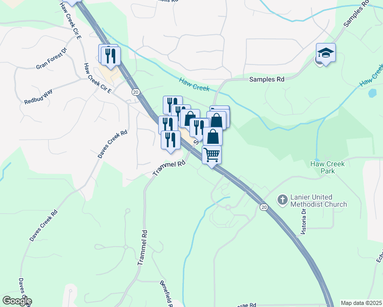 map of restaurants, bars, coffee shops, grocery stores, and more near 1701-1733 Trammel Road in Cumming