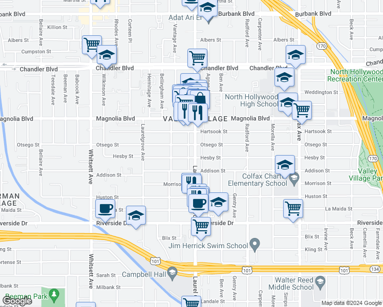 map of restaurants, bars, coffee shops, grocery stores, and more near 5047 Laurel Canyon Boulevard in Los Angeles