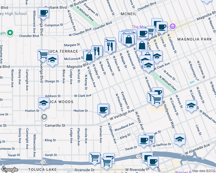 map of restaurants, bars, coffee shops, grocery stores, and more near 801 North Rose Street in Burbank