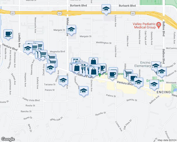 map of restaurants, bars, coffee shops, grocery stores, and more near 5031 Encino Avenue in Los Angeles