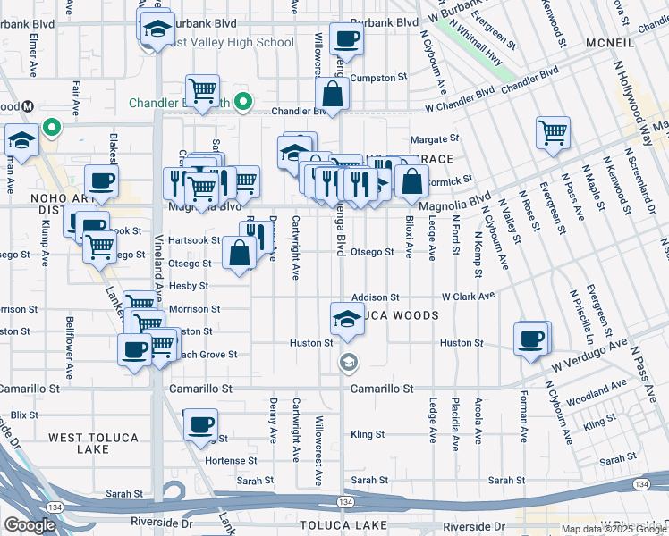 map of restaurants, bars, coffee shops, grocery stores, and more near 5041 Cahuenga Boulevard in Los Angeles