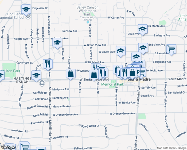 map of restaurants, bars, coffee shops, grocery stores, and more near 25 North Lima Street in Sierra Madre