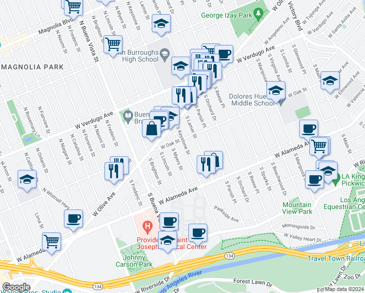 map of restaurants, bars, coffee shops, grocery stores, and more near 211 South Keystone Street in Burbank