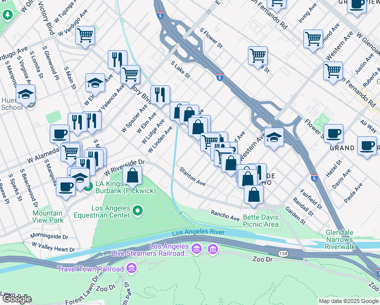 map of restaurants, bars, coffee shops, grocery stores, and more near 232 Irving Avenue in Glendale