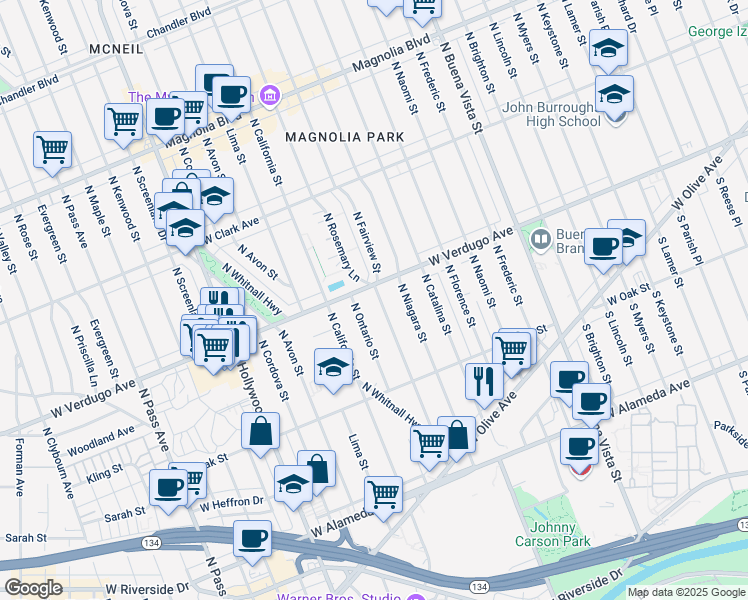 map of restaurants, bars, coffee shops, grocery stores, and more near 3112 West Verdugo Avenue in Burbank