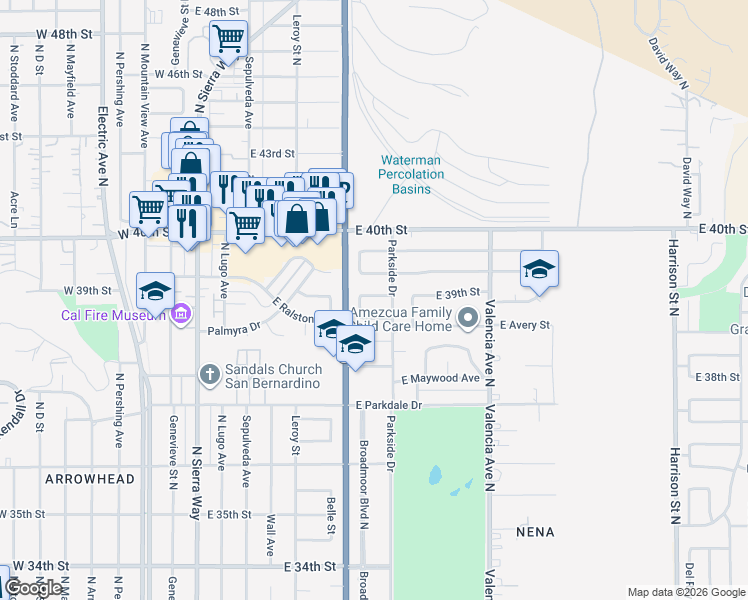 map of restaurants, bars, coffee shops, grocery stores, and more near 359 East 39th Street in San Bernardino