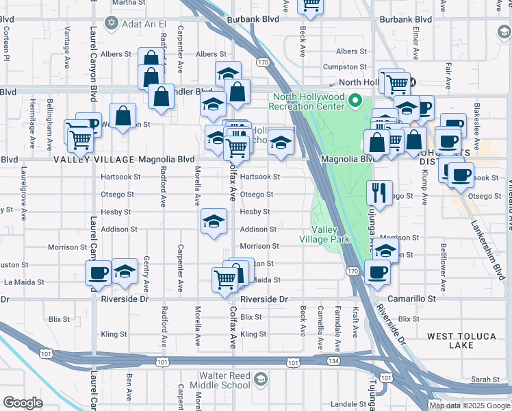 map of restaurants, bars, coffee shops, grocery stores, and more near 11621 Hesby Street in Los Angeles