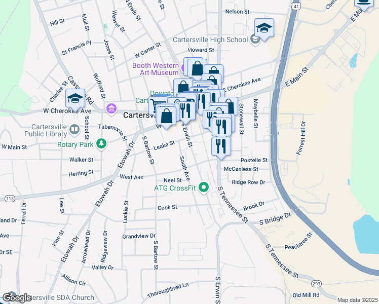 map of restaurants, bars, coffee shops, grocery stores, and more near 213 South Erwin Street in Cartersville