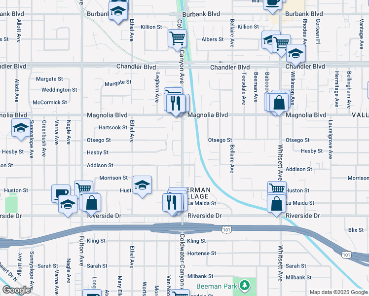 map of restaurants, bars, coffee shops, grocery stores, and more near 5050 Coldwater Canyon Avenue in Los Angeles
