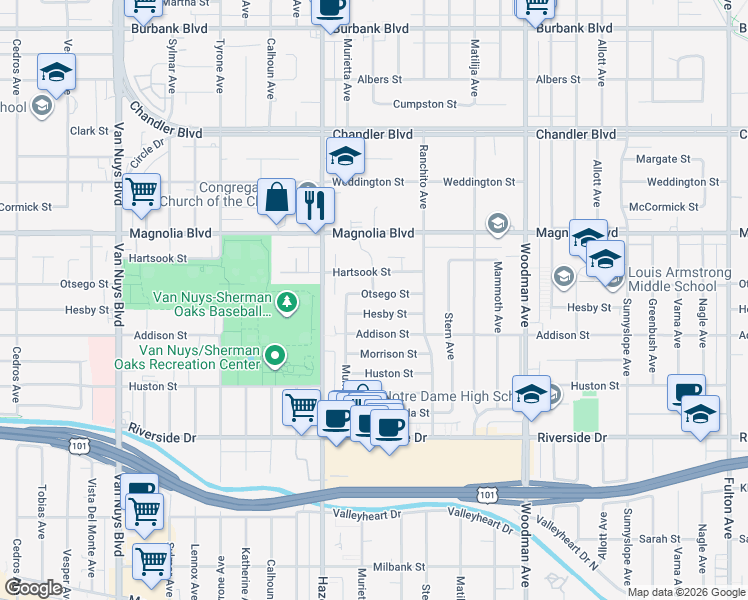map of restaurants, bars, coffee shops, grocery stores, and more near 14000 Otsego Street in Los Angeles