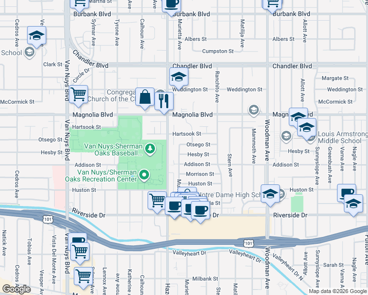 map of restaurants, bars, coffee shops, grocery stores, and more near 14024 Otsego Street in Los Angeles