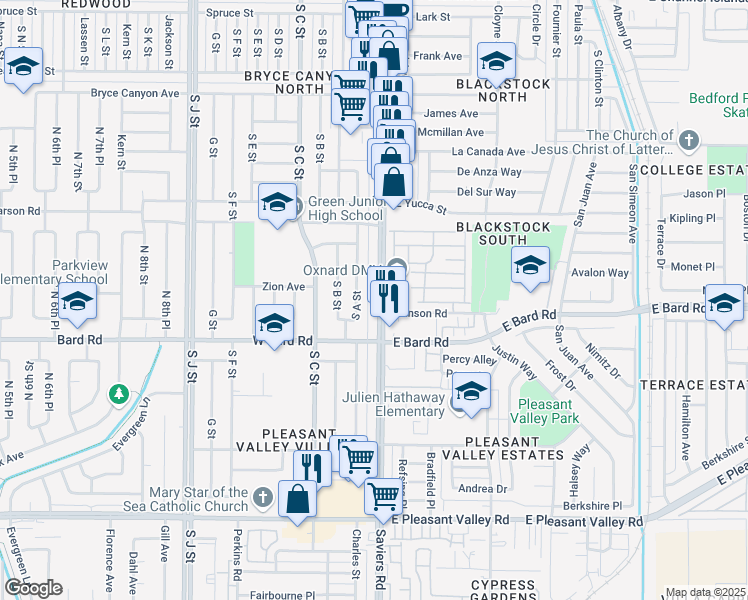 map of restaurants, bars, coffee shops, grocery stores, and more near 4051 Saviers Road in Oxnard