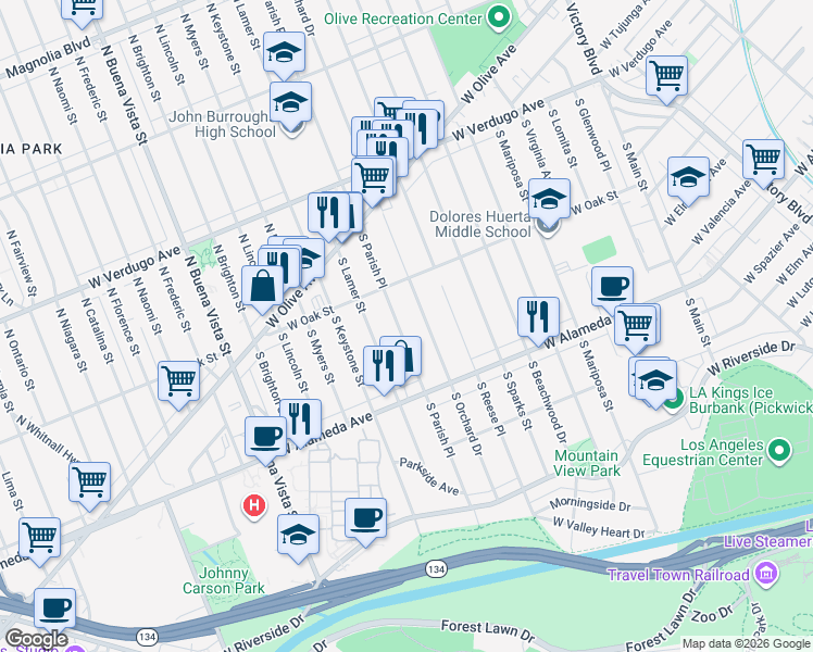 map of restaurants, bars, coffee shops, grocery stores, and more near 336 South Parish Place in Burbank