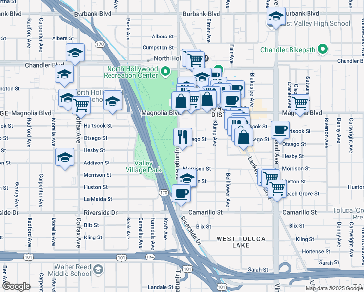 map of restaurants, bars, coffee shops, grocery stores, and more near 5056 Tujunga Avenue in Los Angeles