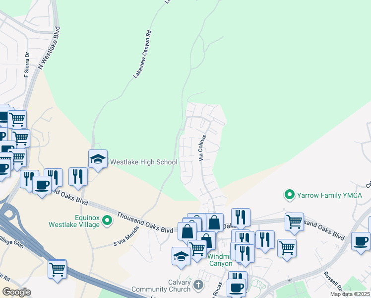 map of restaurants, bars, coffee shops, grocery stores, and more near 953 Via Colinas in Westlake Village
