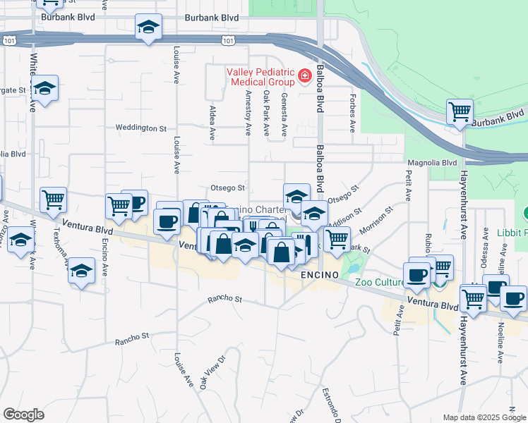 map of restaurants, bars, coffee shops, grocery stores, and more near 17039 Embassy Drive in Los Angeles