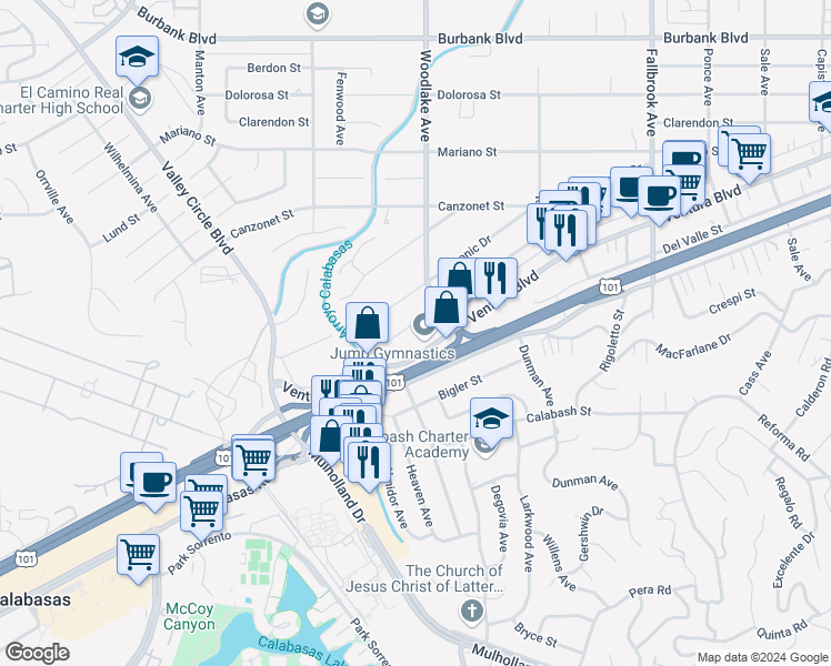 map of restaurants, bars, coffee shops, grocery stores, and more near 23240 Leonora Drive in Los Angeles