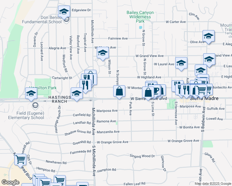 map of restaurants, bars, coffee shops, grocery stores, and more near 17 North Sunnyside Avenue in Sierra Madre