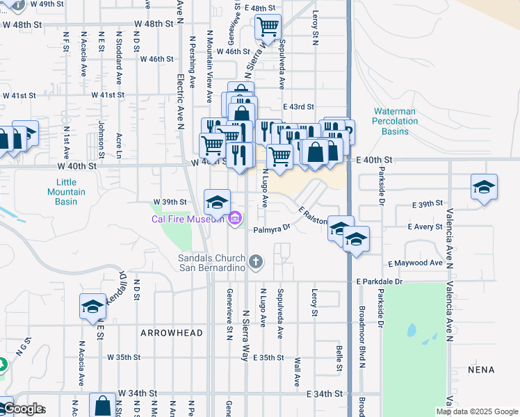 map of restaurants, bars, coffee shops, grocery stores, and more near 138 East 39th Street in San Bernardino